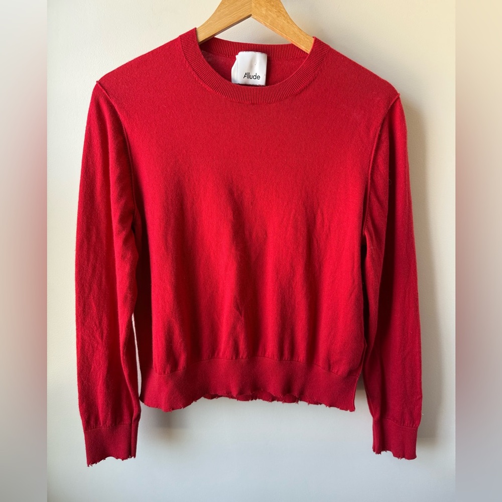 ALLUDE Red‎ Cotton Cashmere Distressed Sweater Crew Neck Luxury Designer M